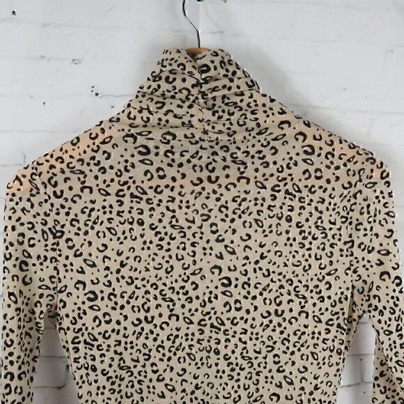 FATE GOLD TAN BROWN LEOPARD PRINT TURTLE NECK LONG SLEEVE STRETCHY SHEER TOP - Picture 9 of 10